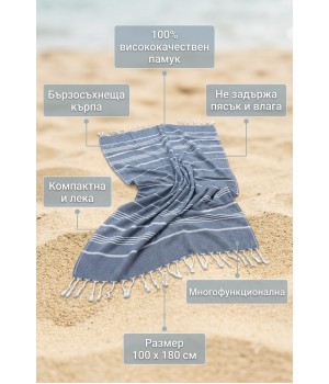 Бързосъхнеща памучна кърпа за плаж, за баня Морски прилив, 100 х 180 см